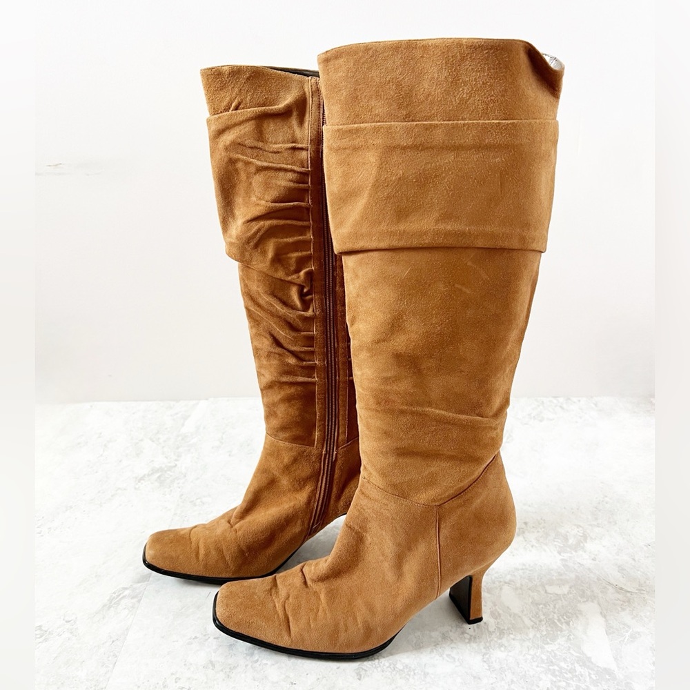 Vintage 90s y2k Bratz Cognac Leather Suede 
Square Heel Square Toe Tall Boots 10